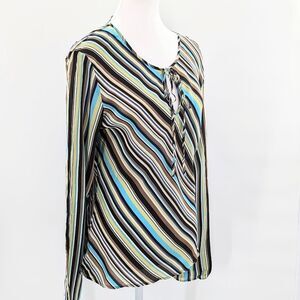 Timid 90's 100% Silk Long Sleeve Striped Tie Front Long Sleeve Blouse Size Large
